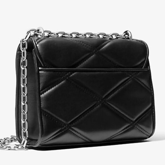 Michael Kors Serena Black Flap Med Crossbody Bag Quilted Leather Silver NWT $628 - Picture 3 of 6